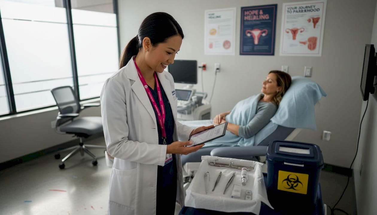 Fertility doctor prepares for embryo transfer procedure