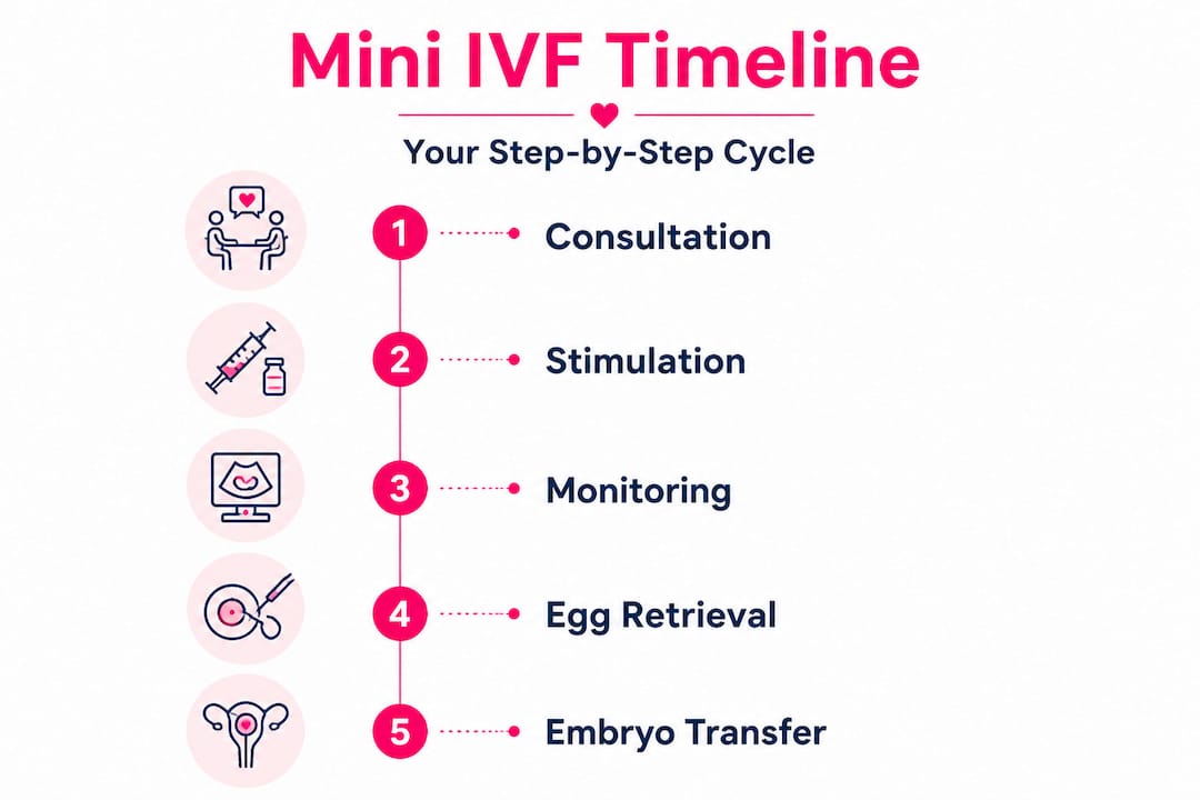 Infographic showing step-by-step mini IVF timeline