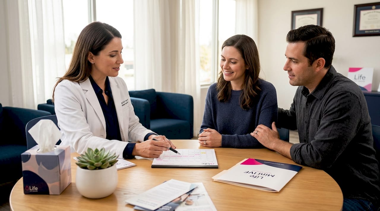 Fertility doctor consulting couple in sunlit clinic room