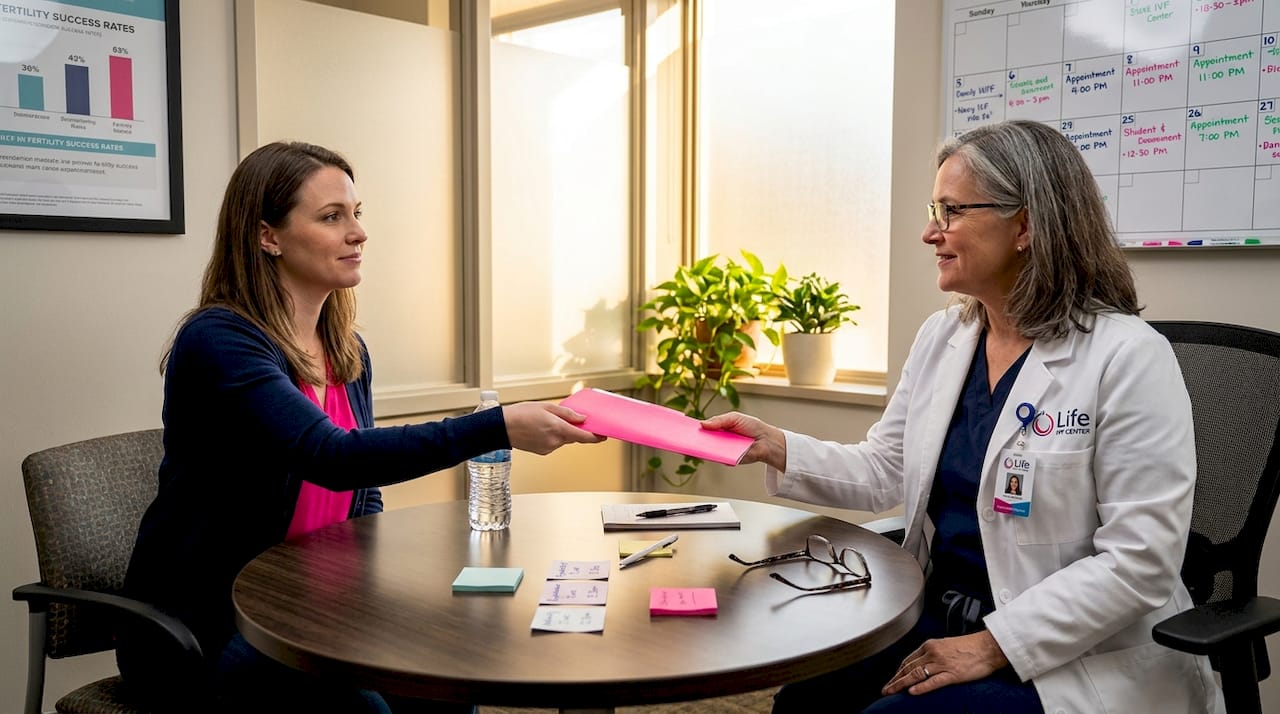 Patient shares medical records in clinic consultation room