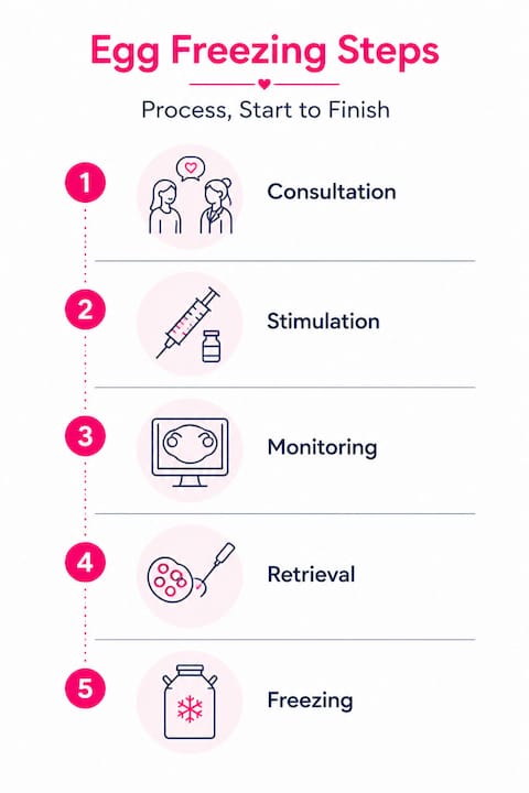 Infographic illustrating egg freezing process steps