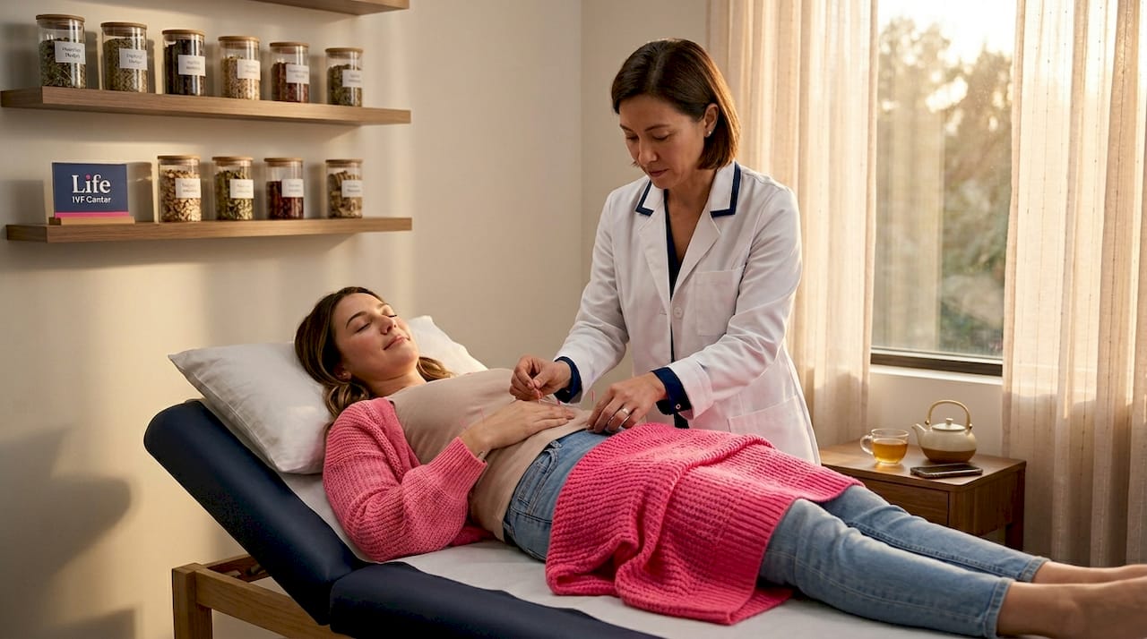 Acupuncture session in professional clinic room