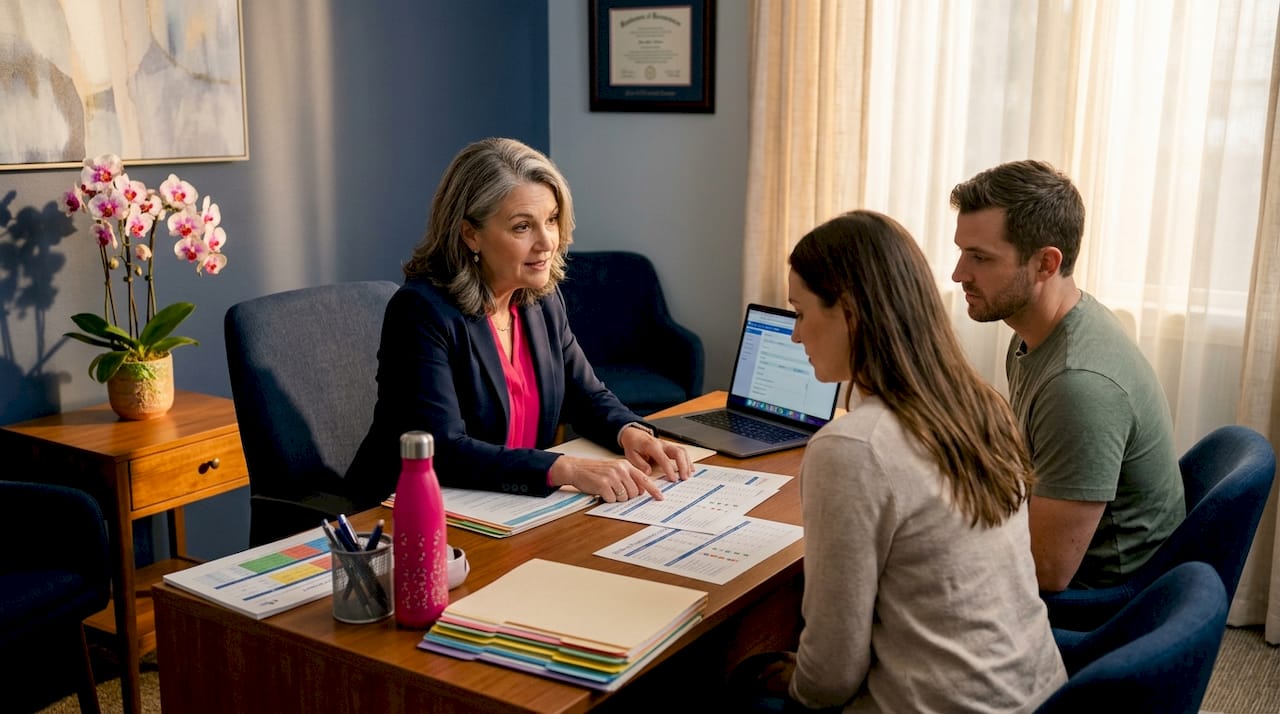 Doctor reviews IVF records with patient couple in office