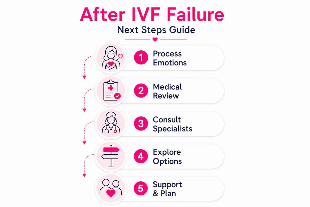 Infographic showing next steps after failed IVF in 5 stages