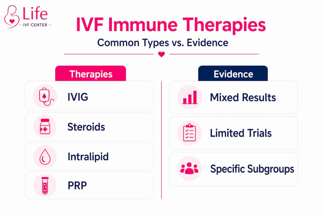 Infographic comparing types and clinical evidence for IVF immune therapies