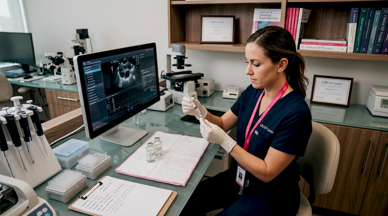 IVF laboratory technician performing egg retrieval