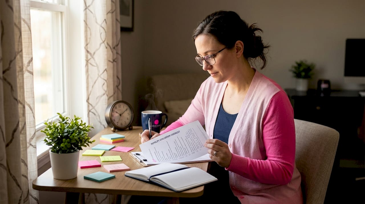 Woman reviewing fertility checklist at kitchen table