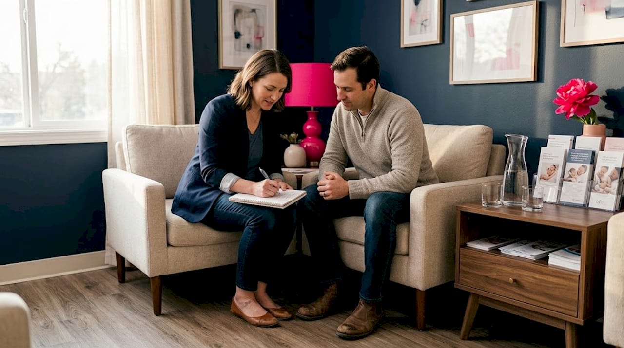 Couple reviewing notes in clinic waiting area