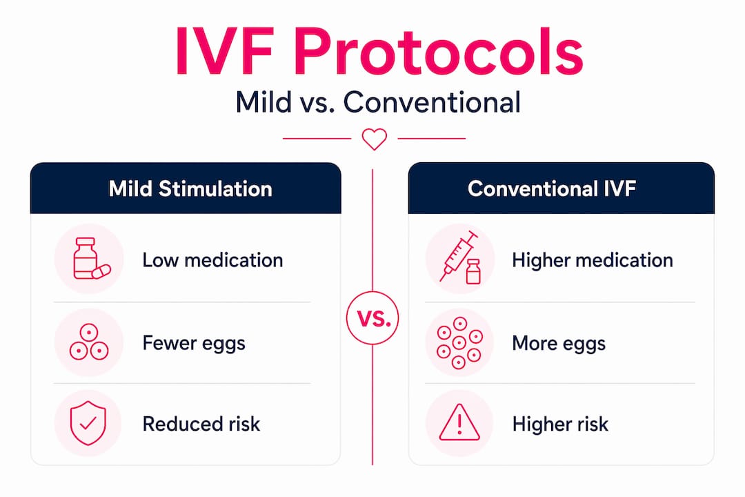 Infographic comparing mild stimulation and conventional IVF protocols