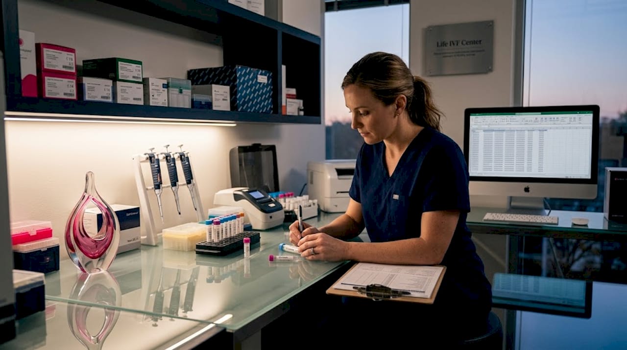 Lab technician labeling genetic test tubes in IVF clinic