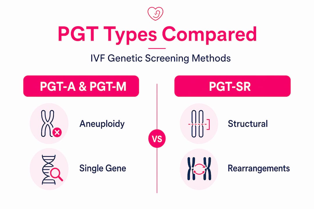 Infographic comparing PGT types in IVF genetic screening
