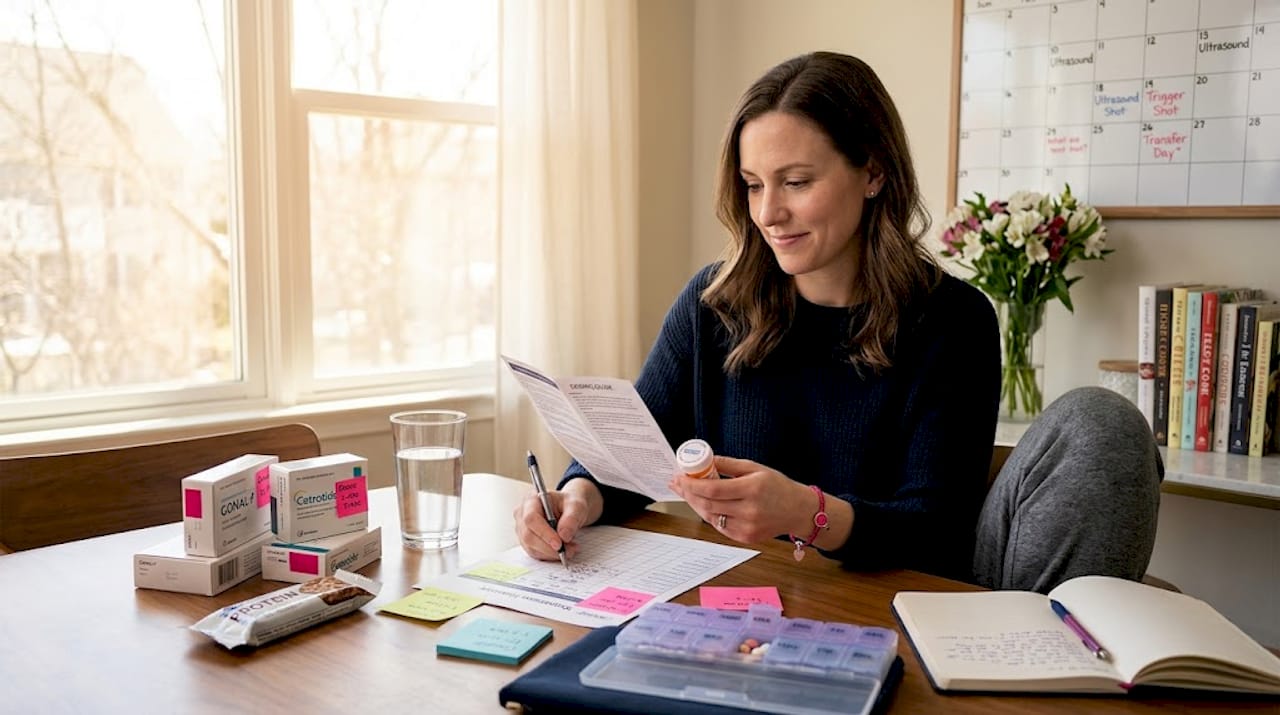 Woman organizes IVF medications at kitchen table