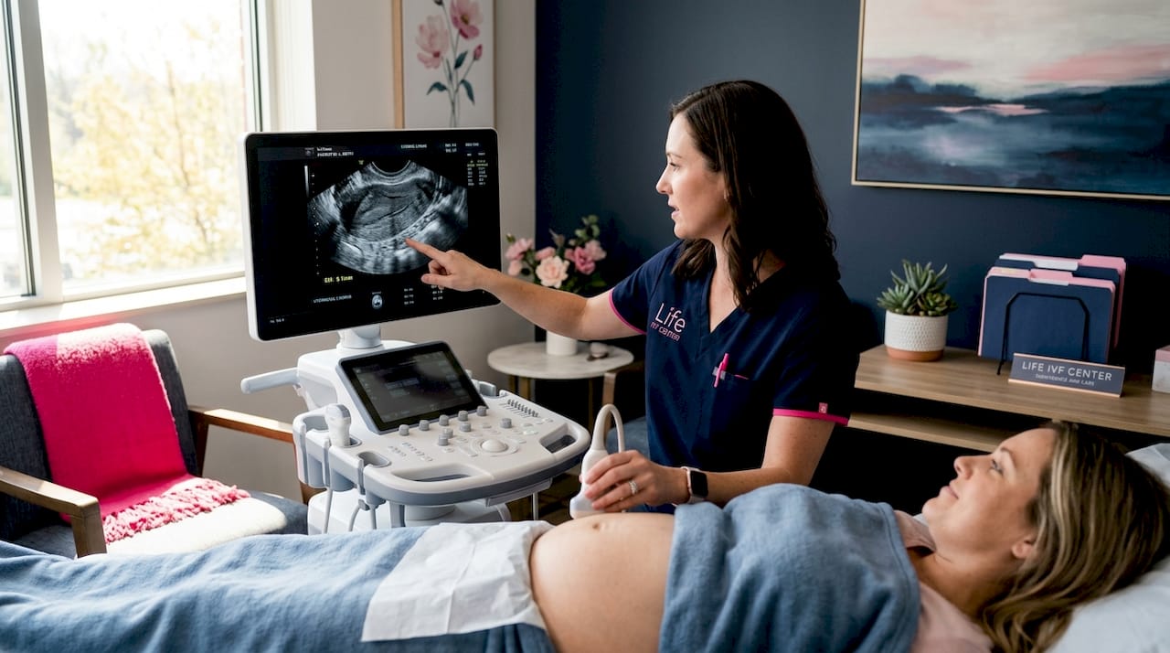 Doctor performing uterine ultrasound in clinic
