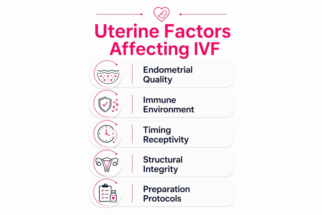 Infographic illustrating key uterine factors influencing IVF