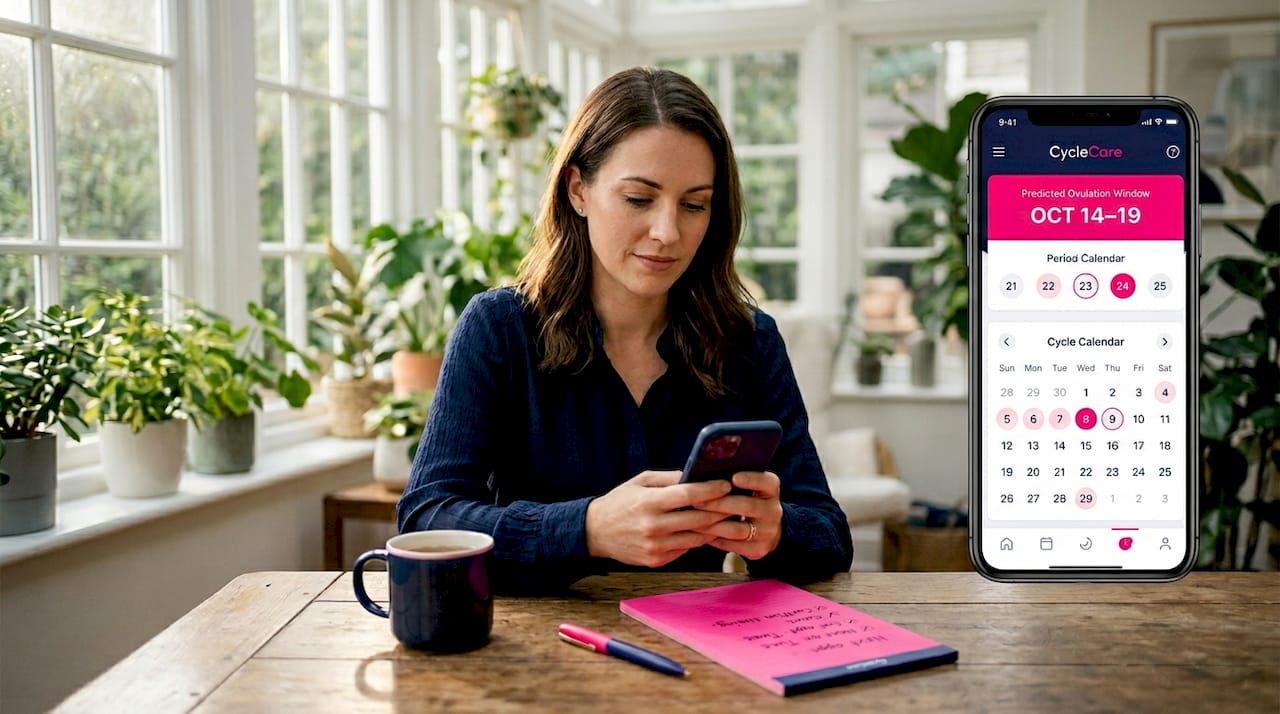 Woman using period tracking app at home