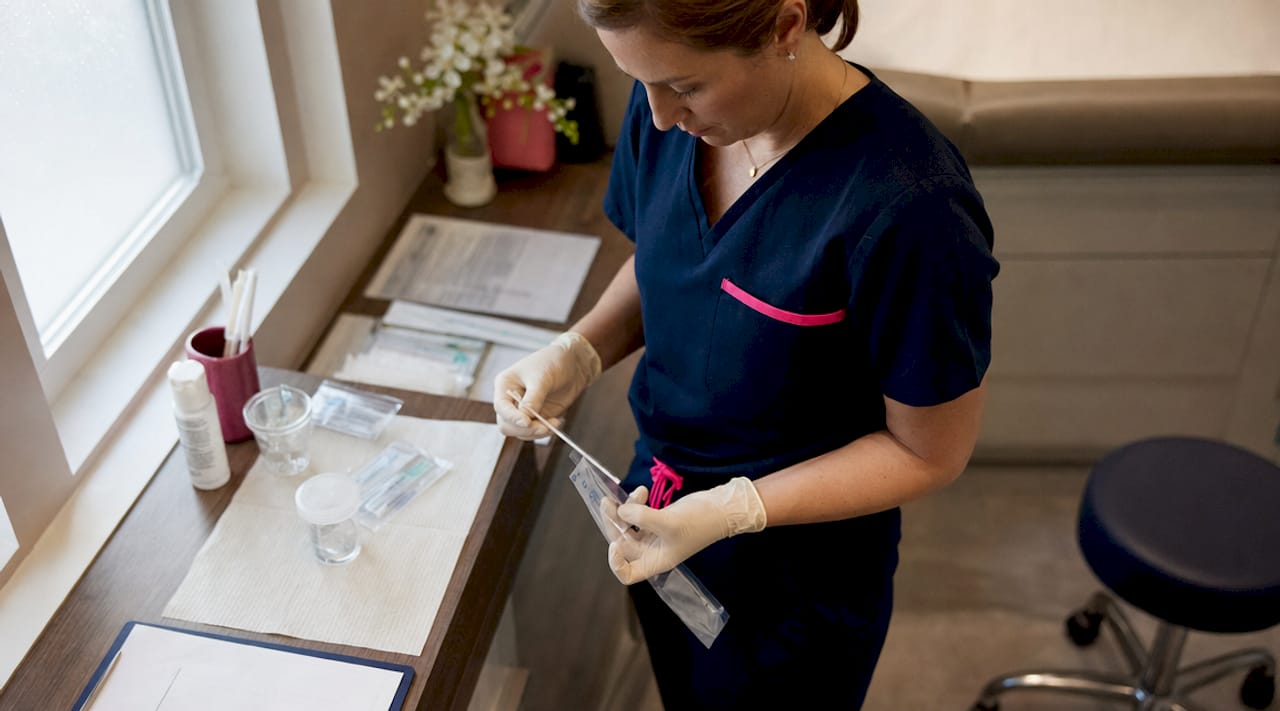 Nurse preparing catheter for IUI procedure
