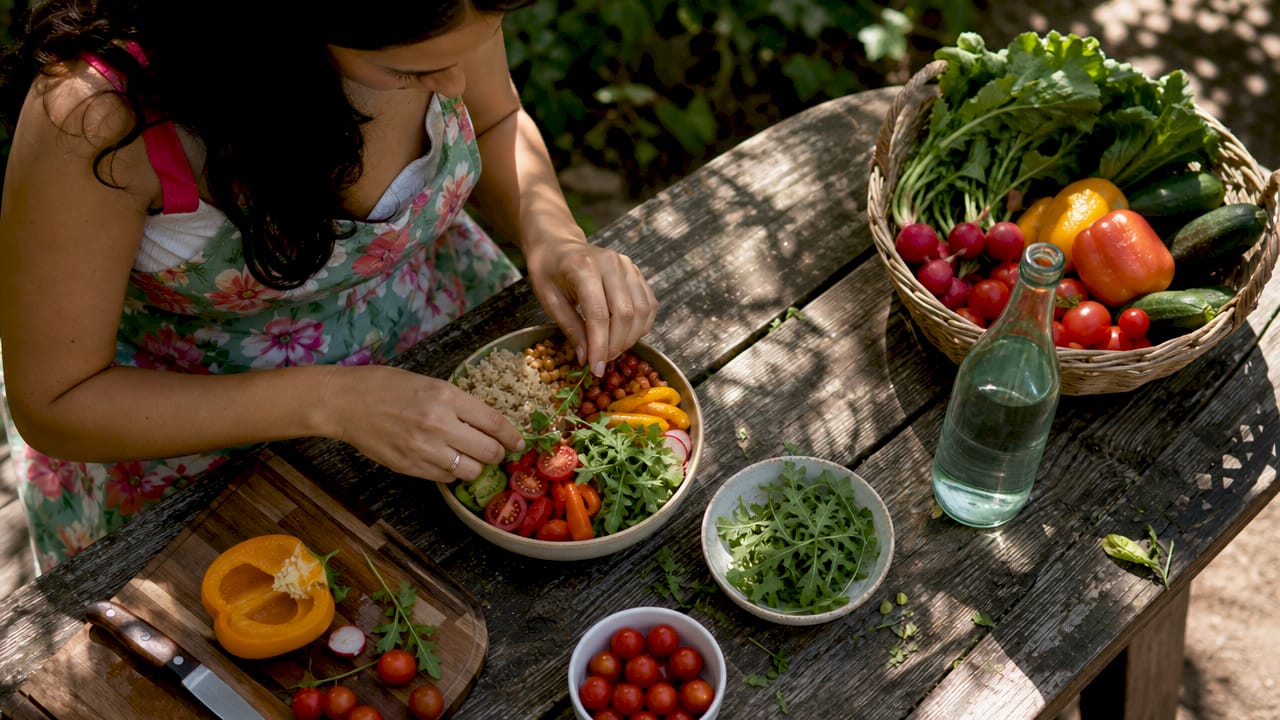 Woman preparing fertility-boosting salad in kitchen