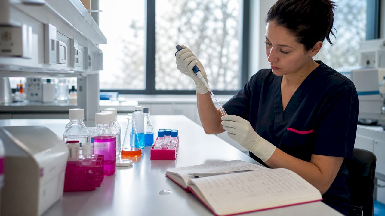 Scientist pipetting in fertility immune lab