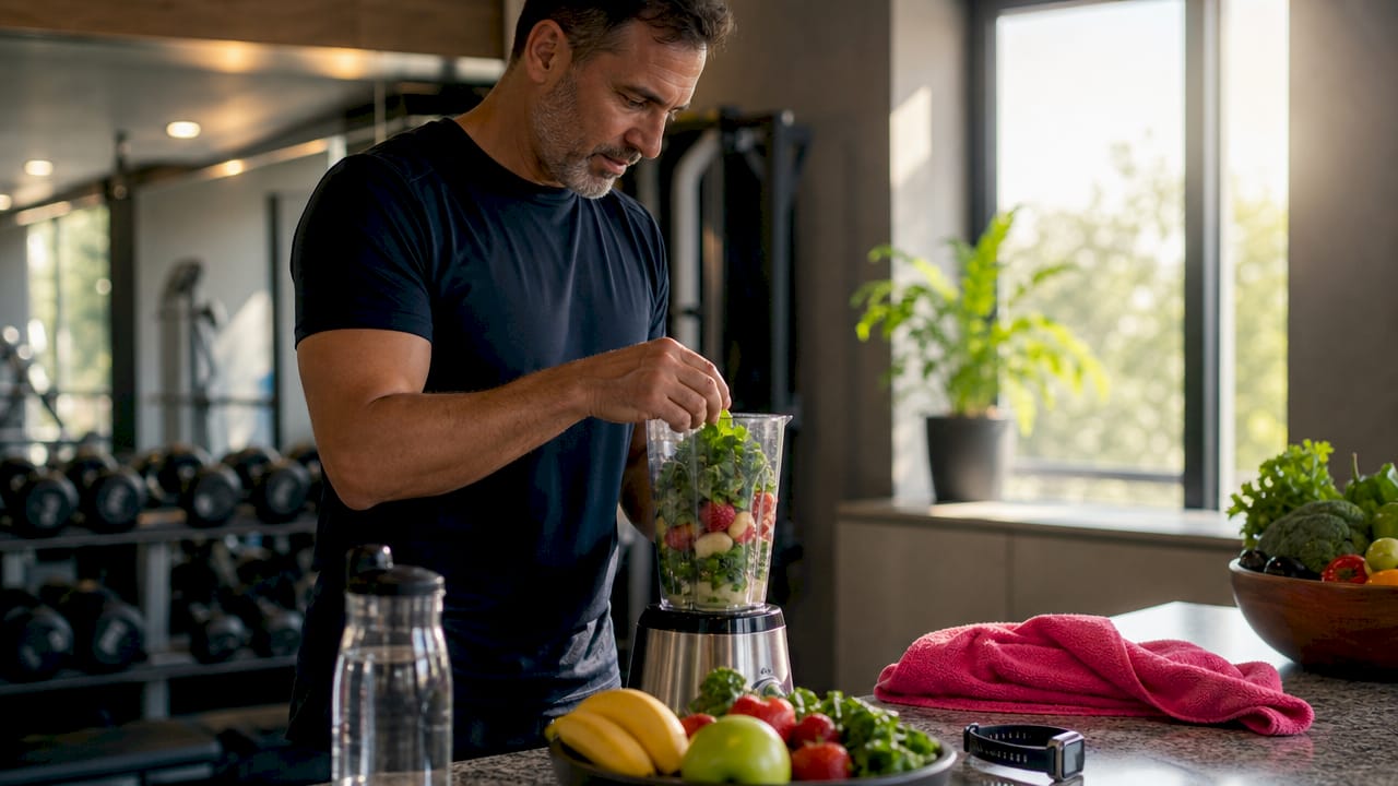 Man preparing healthy smoothie in kitchen