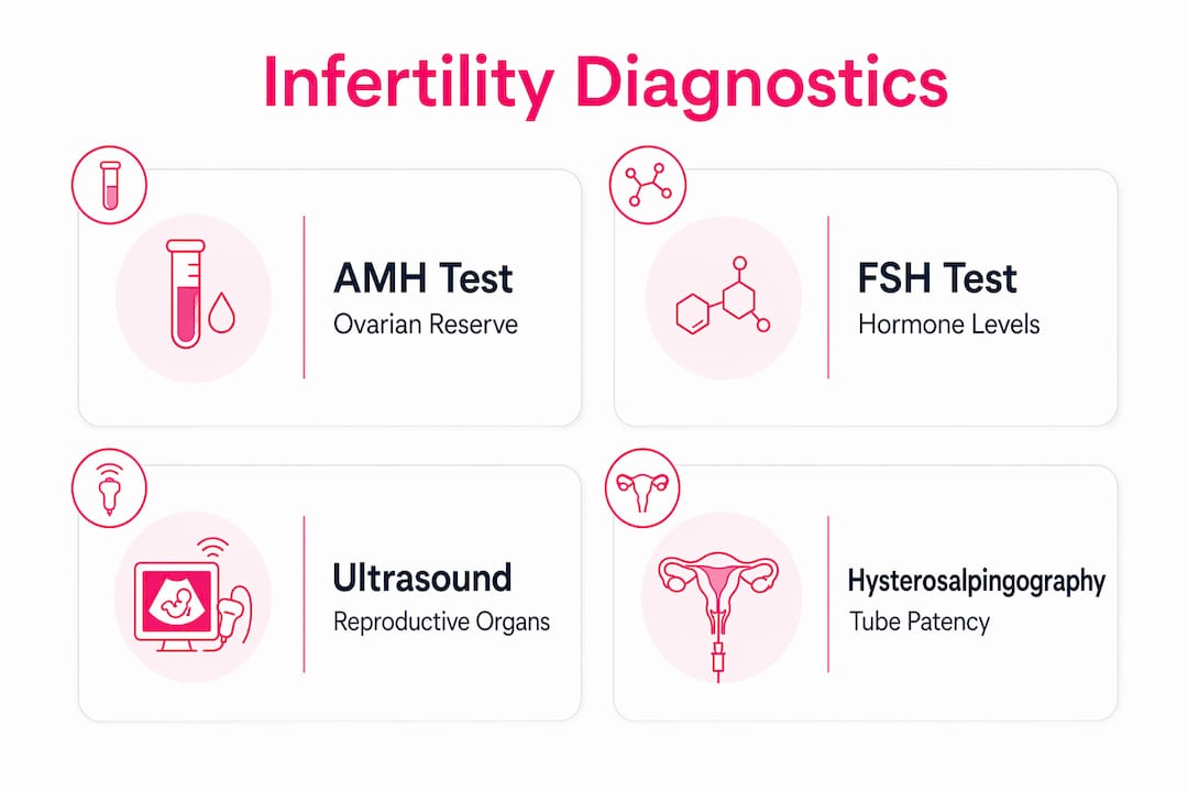 Infographic showing female infertility diagnostic tests