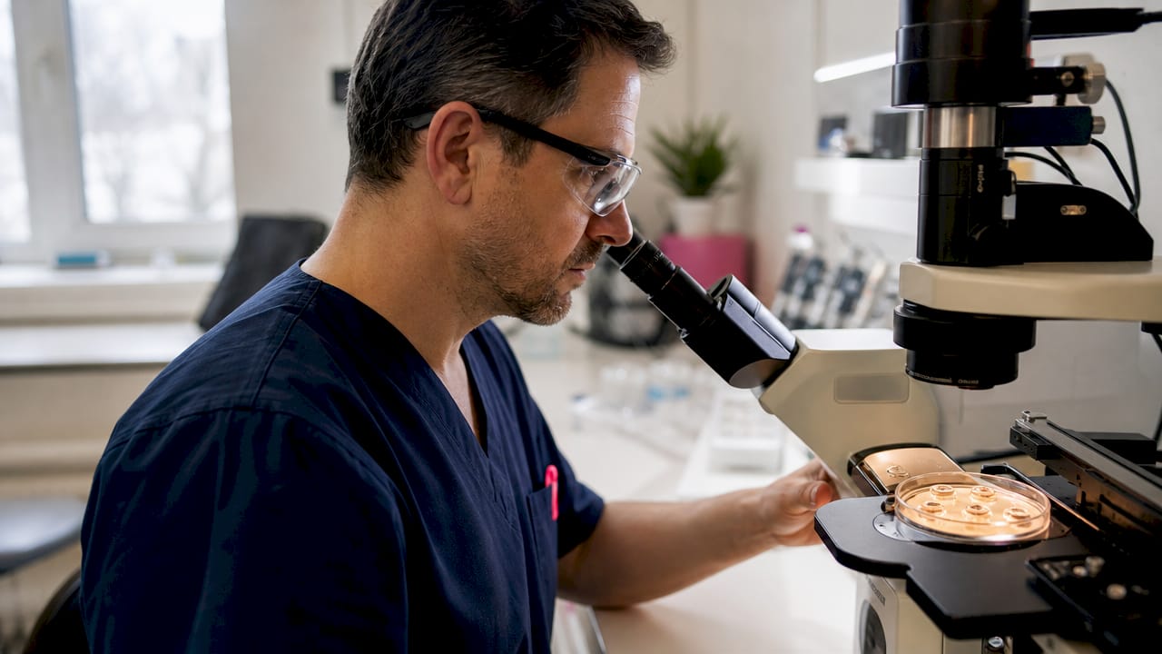 Embryologist examining Day 3 embryo under microscope