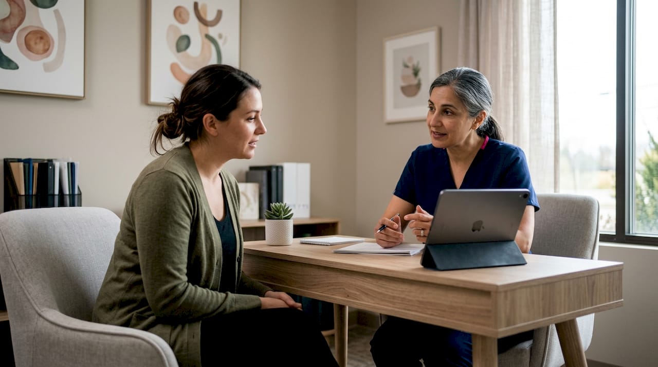 Woman consulting fertility specialist in clinic
