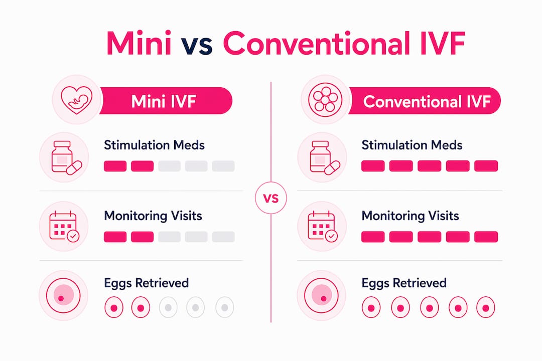 Infographic comparing mini and conventional IVF steps