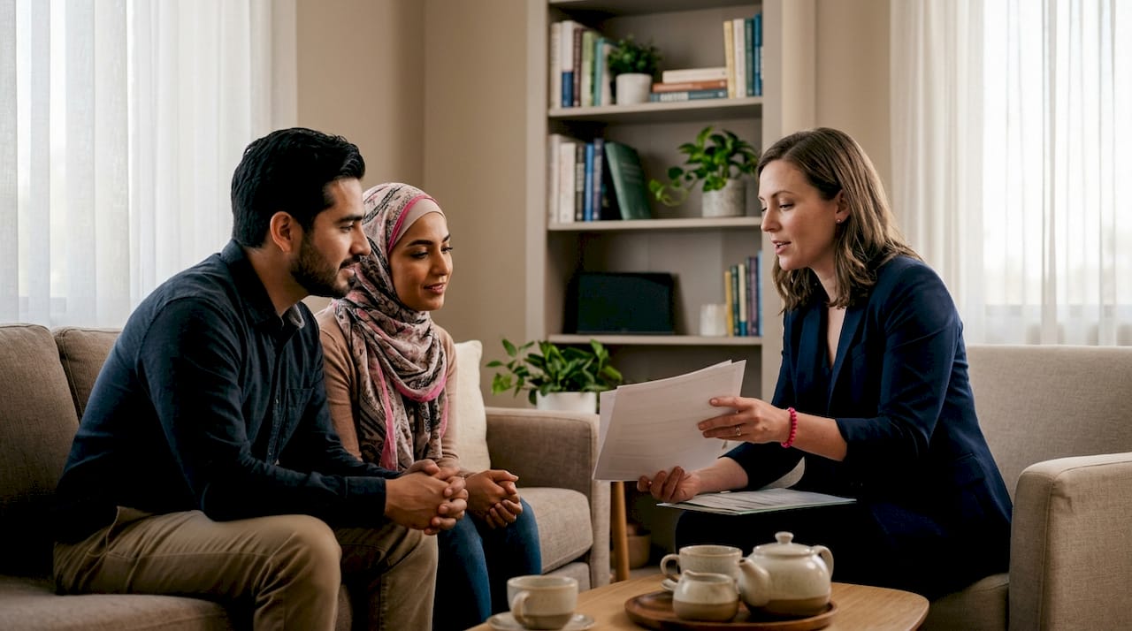 Couple consulting fertility specialist in clinic
