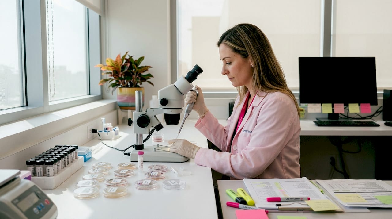 Embryologist performing IVF fertilization in lab