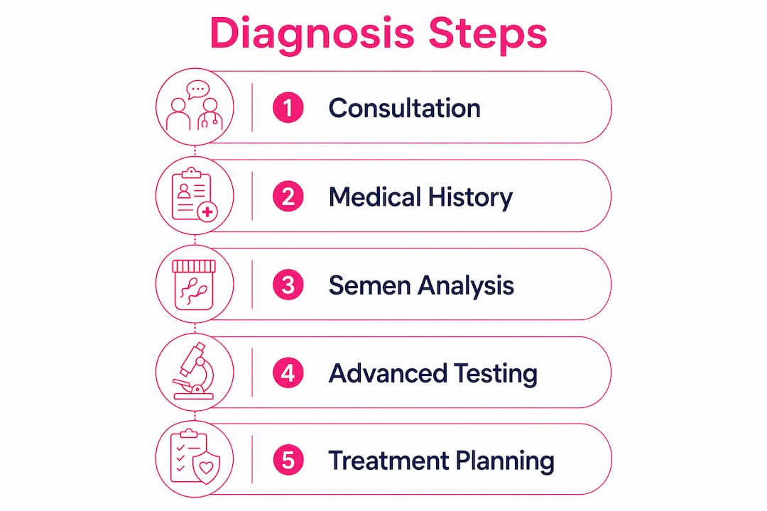 Infographic showing male infertility diagnosis steps