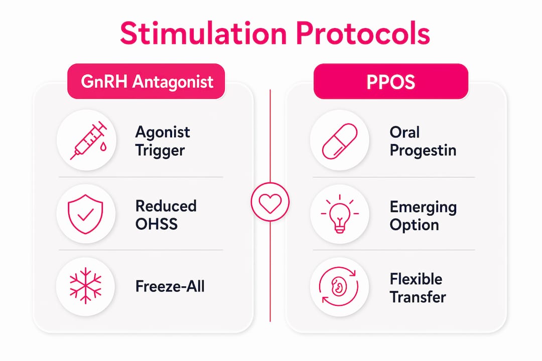 Infographic comparing PCOS IVF stimulation protocols