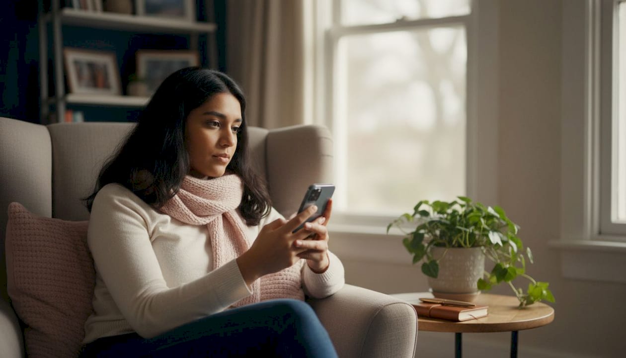 Woman using fertility tech devices at home office