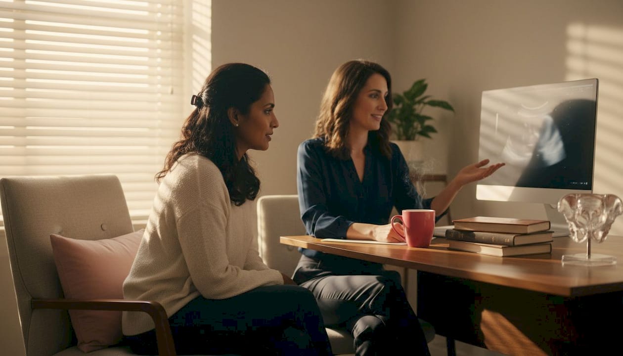 Woman consulting fertility specialist indoors