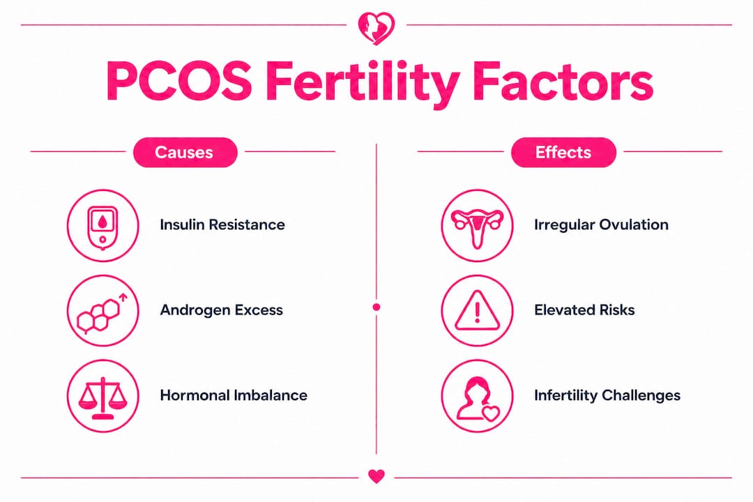 Infographic showing causes and effects of PCOS on fertility