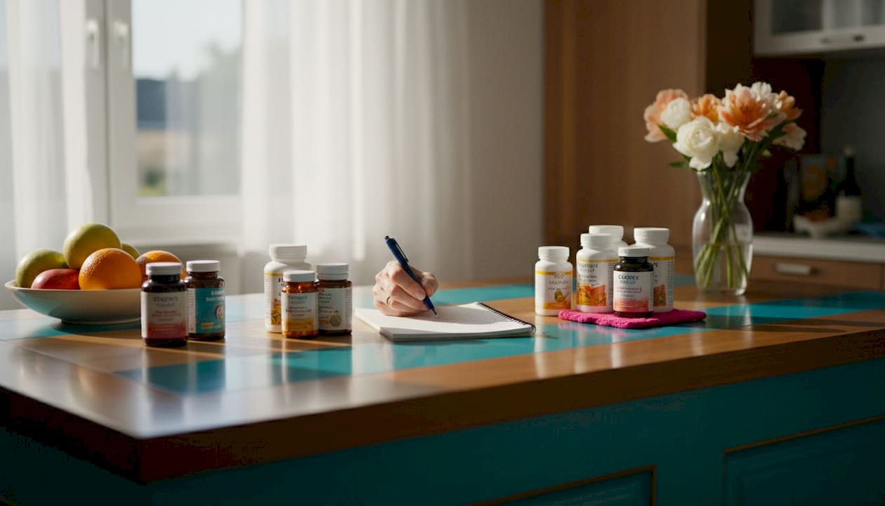 Hands writing medication list at home