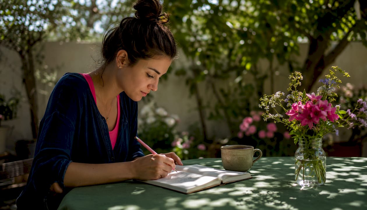 Woman tracking menstrual cycle in journal