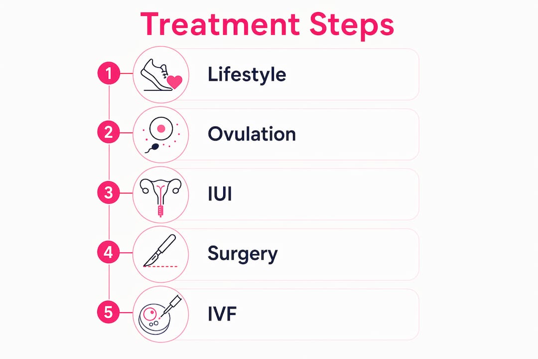 Infographic showing treatment steps for secondary infertility