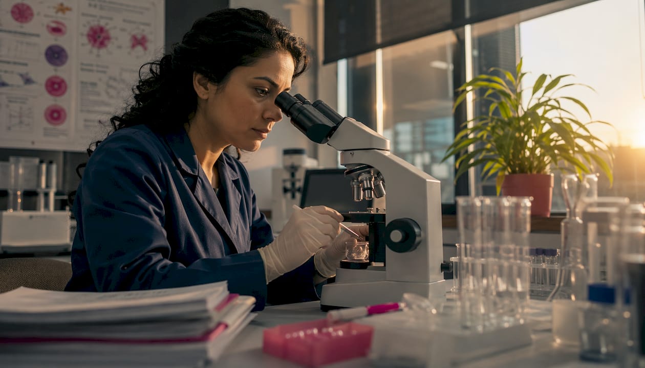 Specialist examining fertility cell samples
