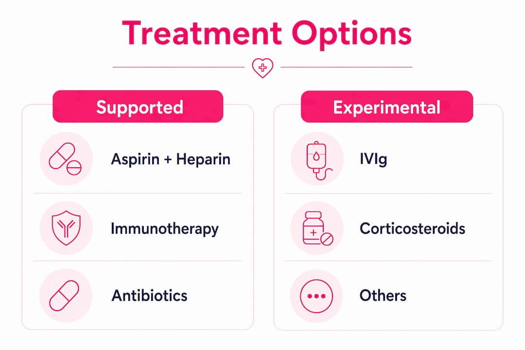 Infographic comparing supported versus experimental immunology treatments in infertility