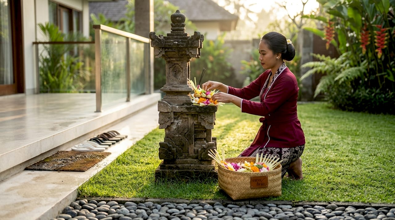 Villa staff placing canang sari (Balinese sacred offerings) at garden shrine