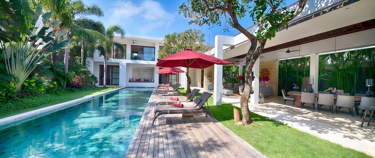 Pool view of Casa Brio, a luxury pool villa in Seminyak Bali which respects local traditions 