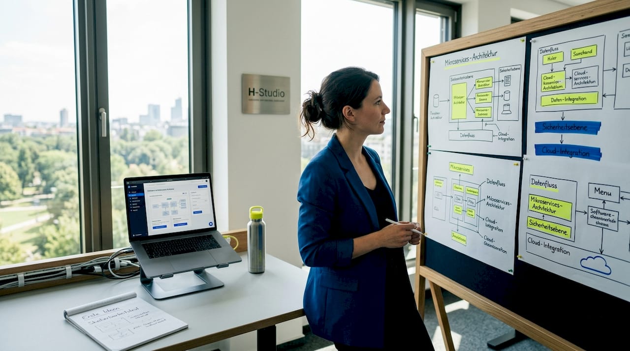 A software architect taking a critical look at architecture drawings in an open-plan office.