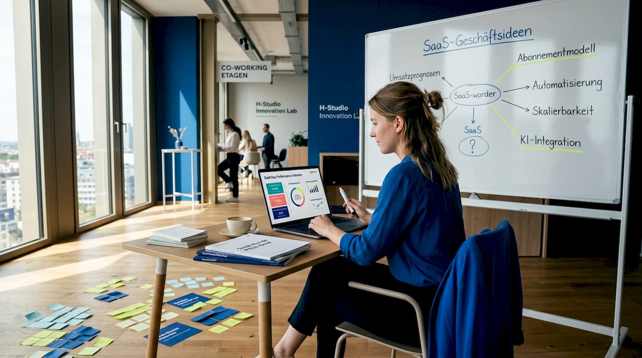 Ein Gründer sitzt im Büro und tüftelt an neuen SaaS-Konzepten.