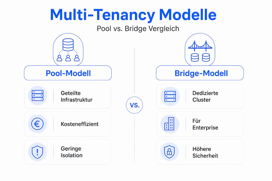Infographic: comparison of the pool and bridge SaaS multi-tenancy models.