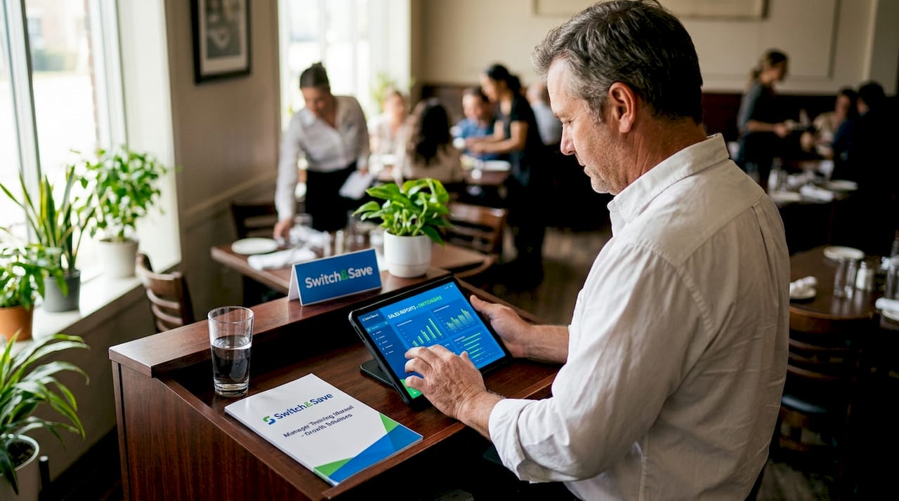 Manager reviewing EPOS in restaurant