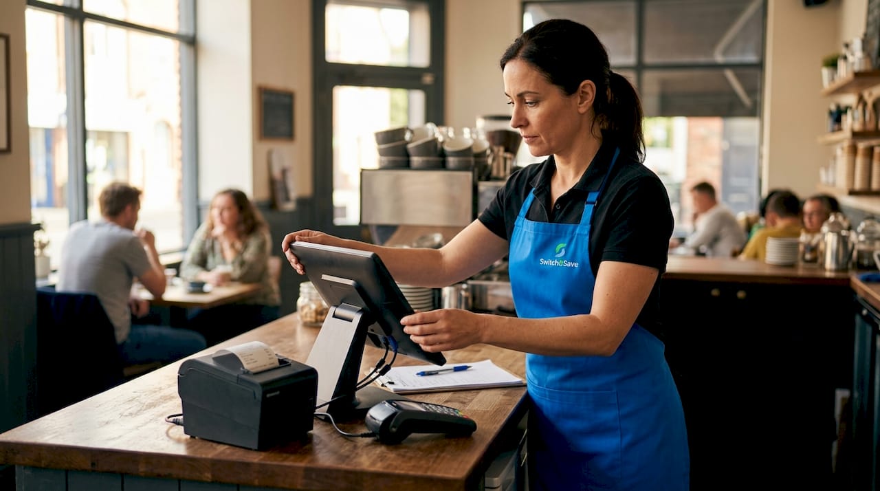 Staff arranging POS equipment in café setting