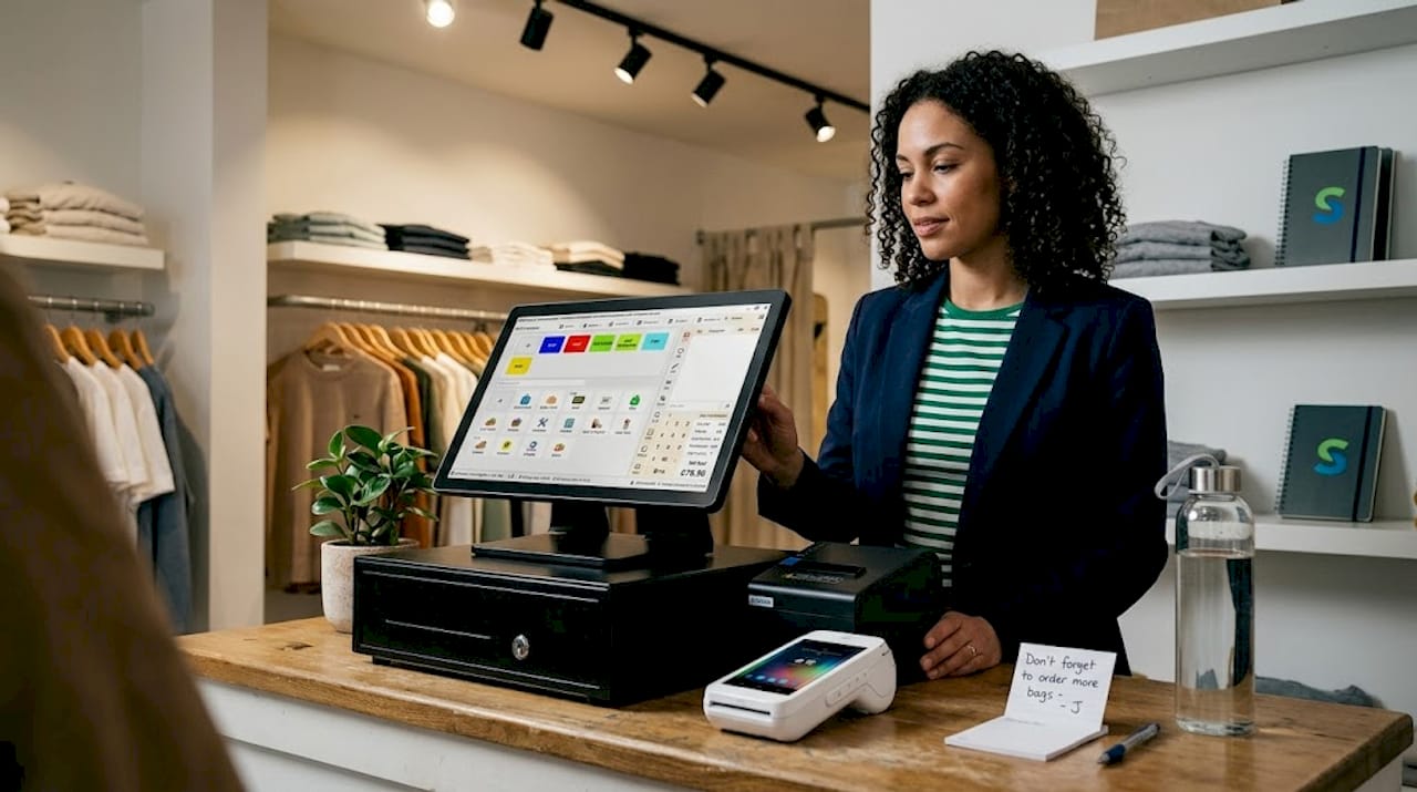 Retail worker using POS at boutique counter