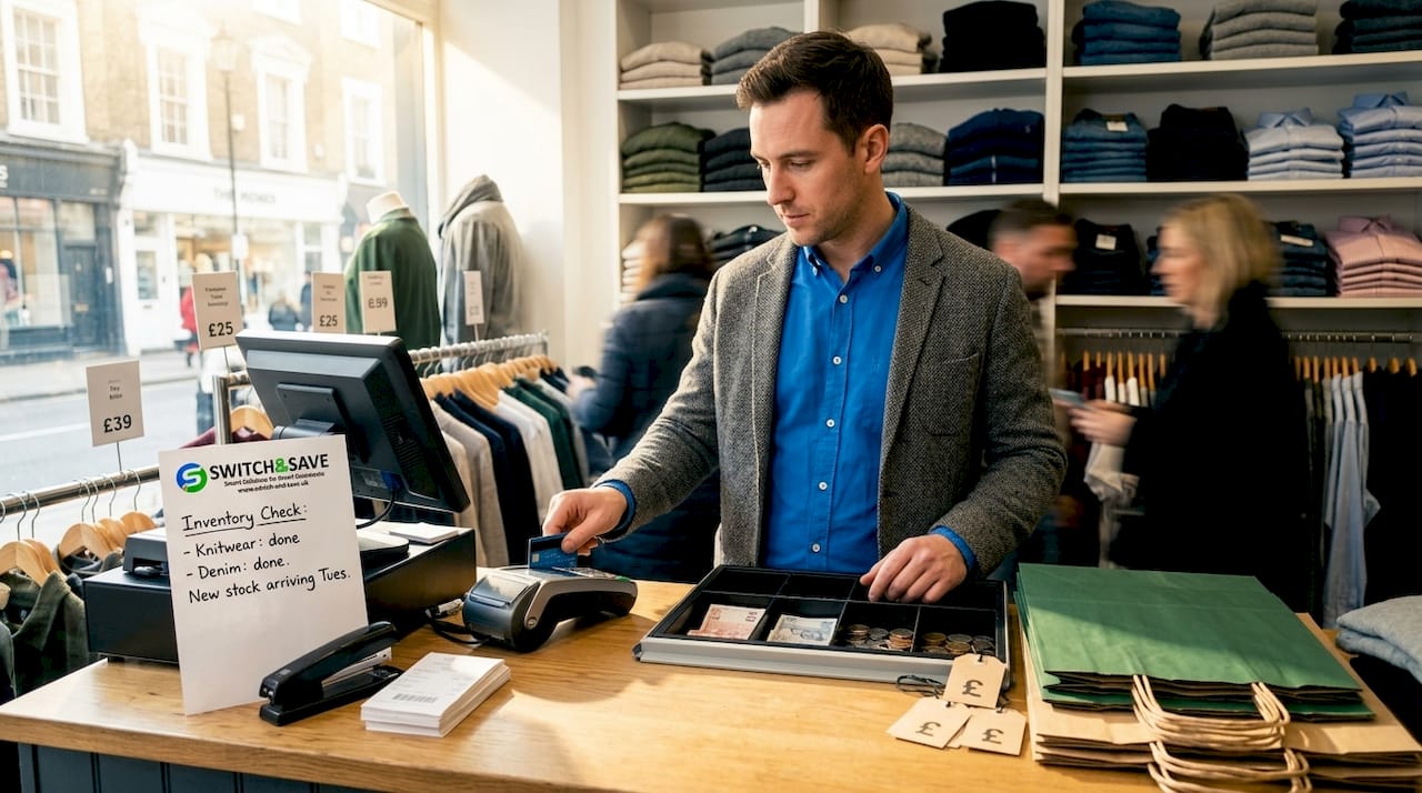 Shop assistant using payment terminal in busy boutique