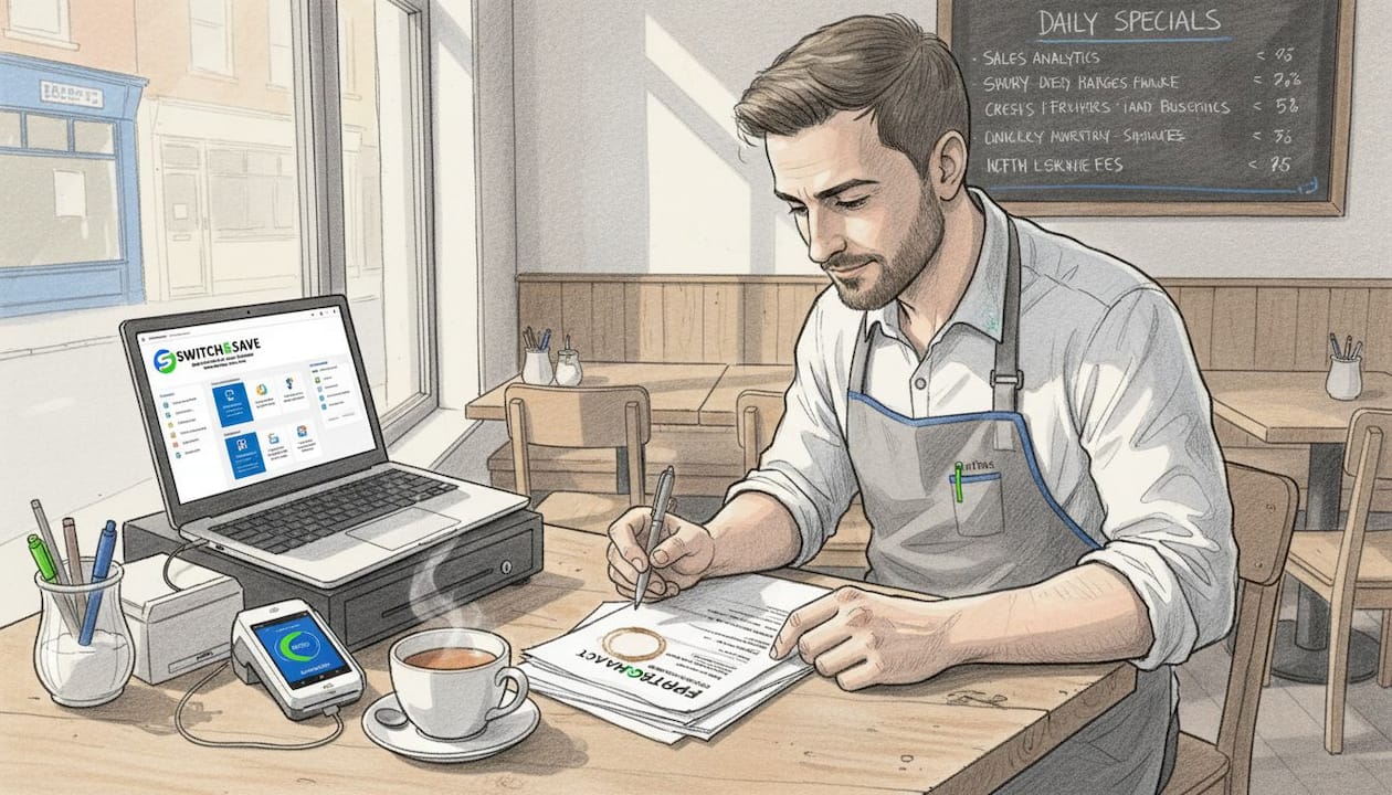 Restaurateur reviewing EPOS contract at café table