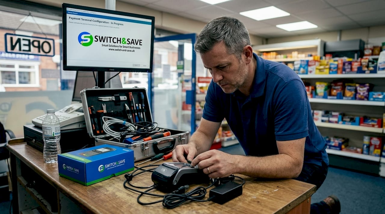 Shop manager installing card terminal